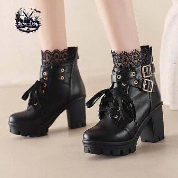Goth Platform Ankle Boots Chunky Heels Zipper Lace Buckle Punk Cosplay - Picture 3 of 7